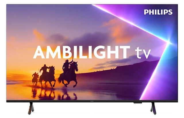 Philips Ambilight TV zeigt eine Szene mit Reitern auf Pferden bei Sonnenuntergang. Der Bildschirm hat lila und weiße Lichteffekte.