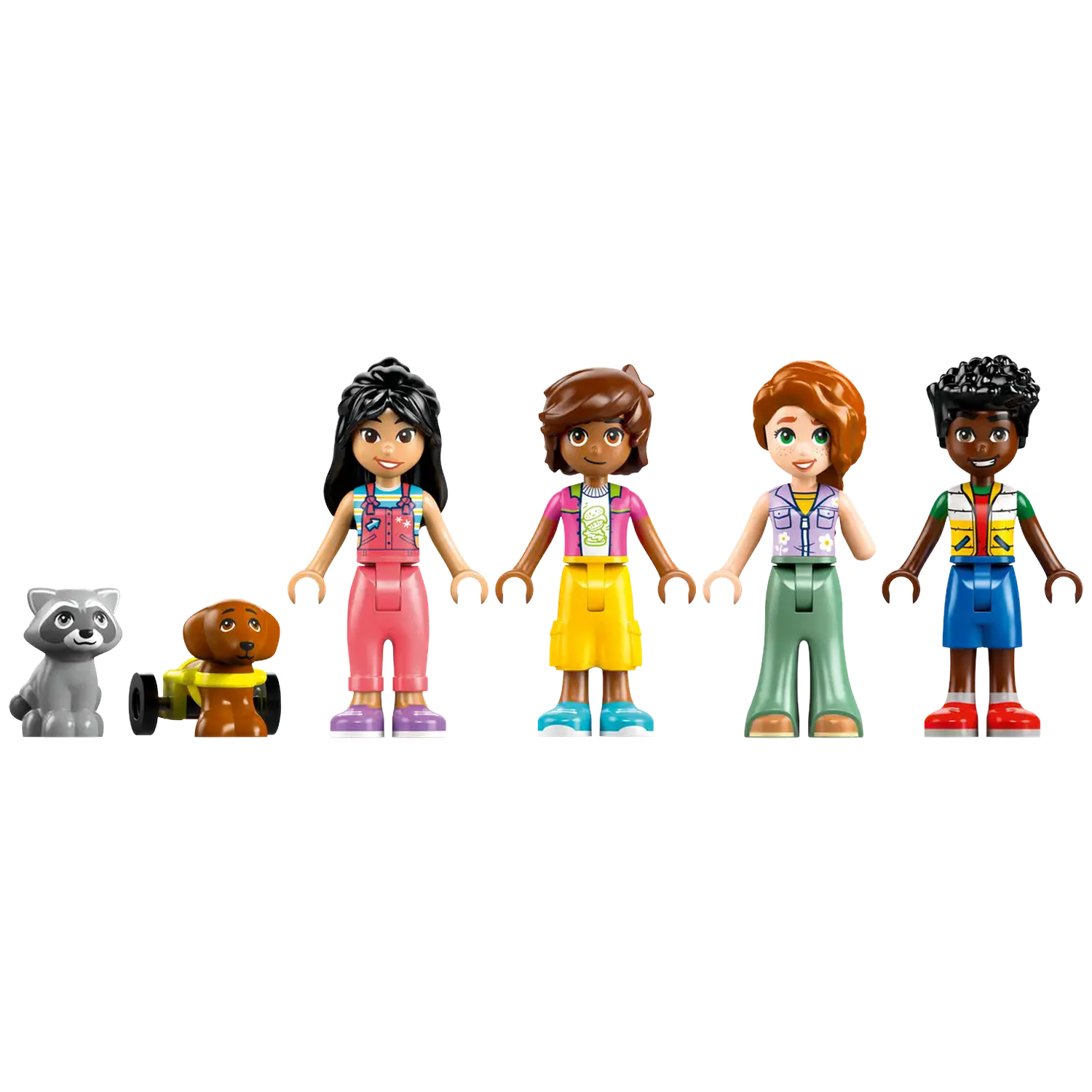 A Lego set with a raccoon, a dog on wheels, and four Lego figures of different ethnicities, wearing various colorful outfits.
