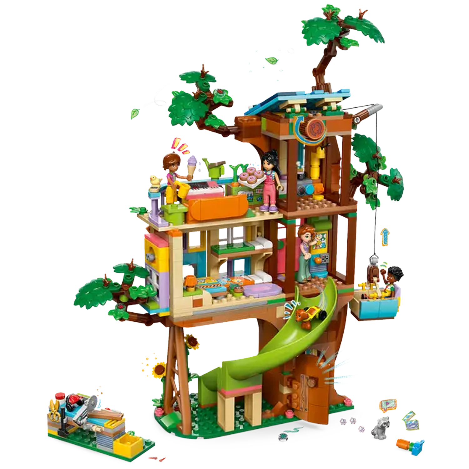 A colorful treehouse playset with multiple levels, figures, a slide, and various accessories. It's a fun and imaginative toy.