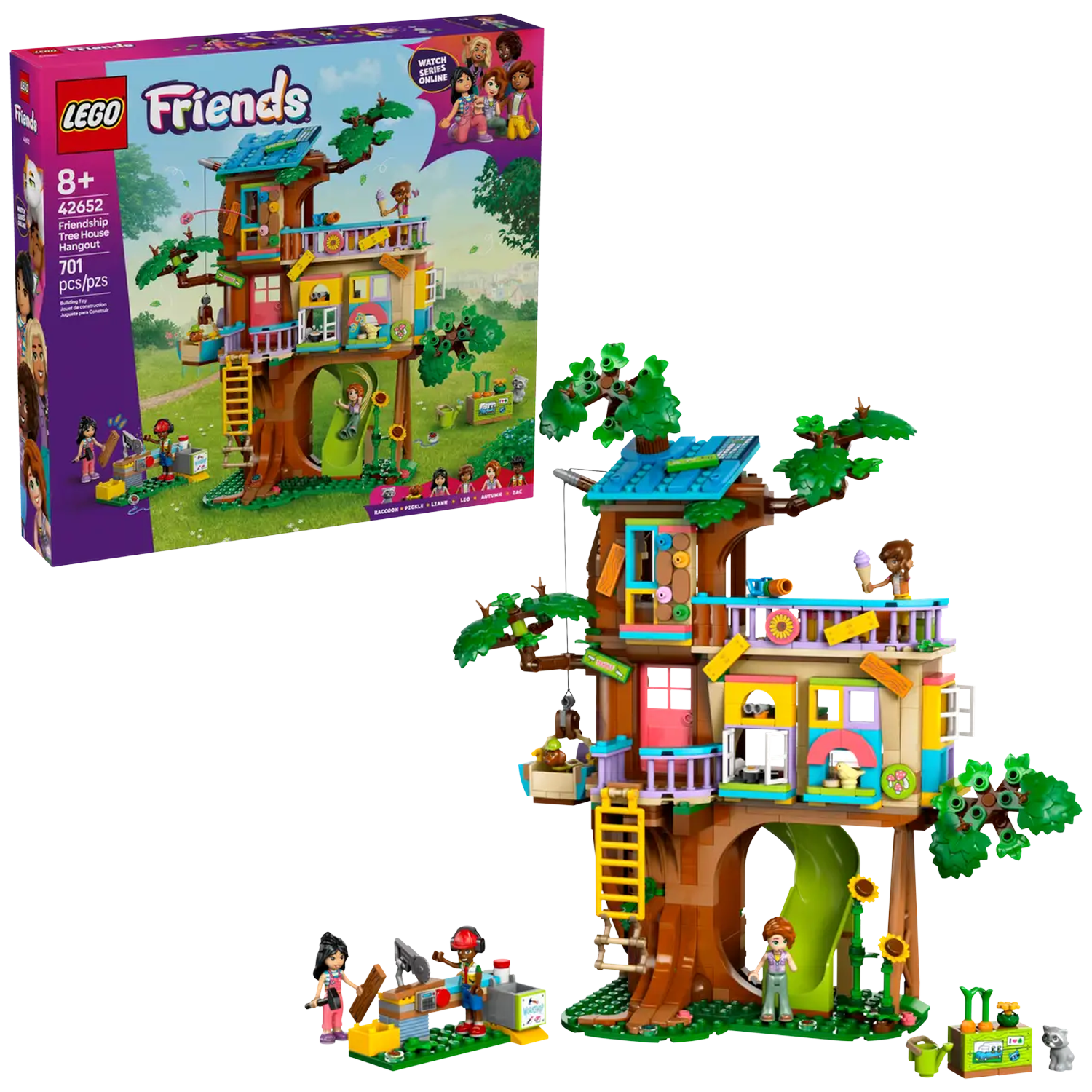 A Lego Friends treehouse set. It includes the treehouse, figures, a slide, ladder, and other accessories. The box is also visible.