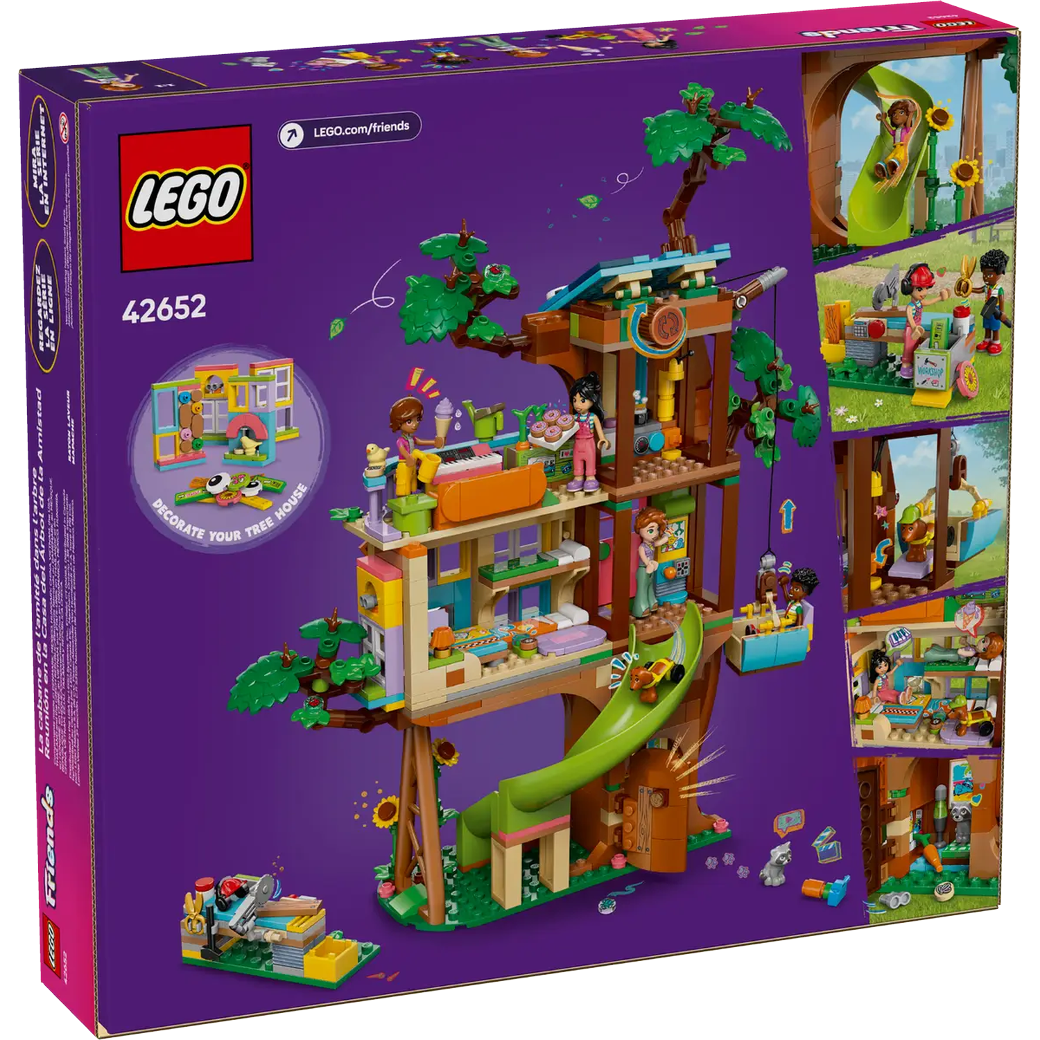 LEGO Friends treehouse set. It shows a multi-level treehouse with figures, a slide, and a workshop area.