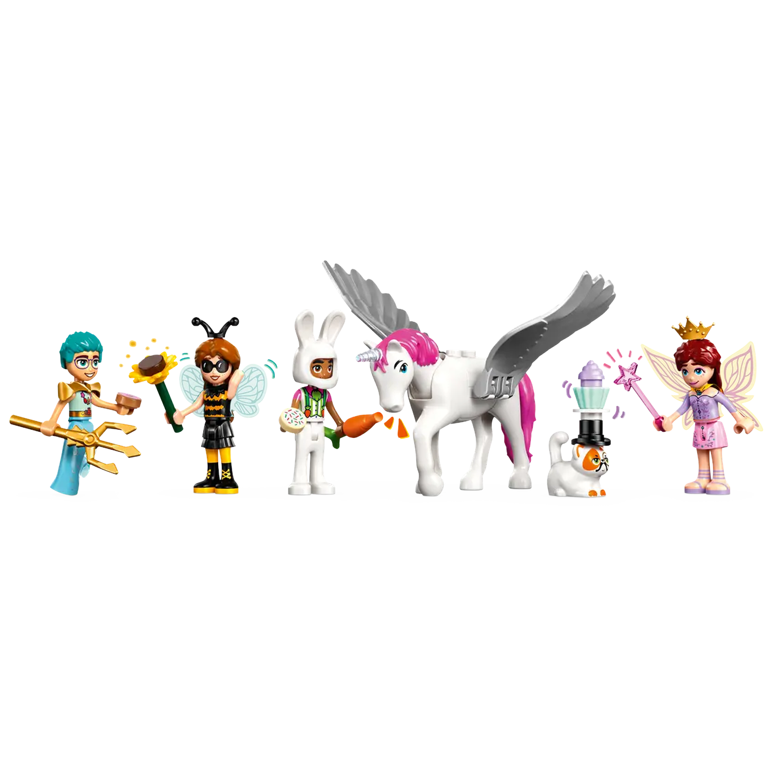 Lego figures: mermaid, bee, bunny, unicorn, cat with hat, fairy. Holding items: trident, sunflower, carrot, wand. White background.
