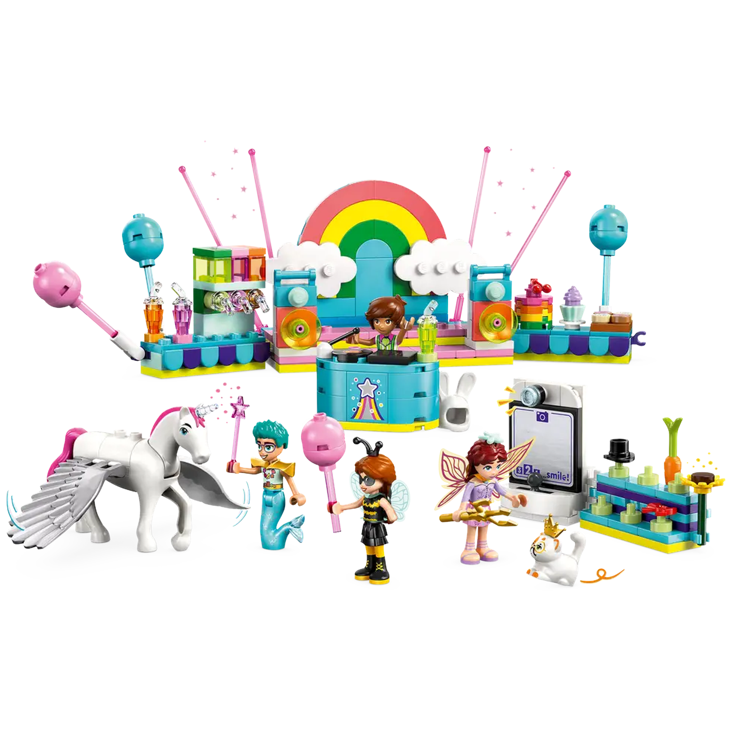 A Lego set with a rainbow, figures, a white winged horse, and various colorful structures and accessories. 