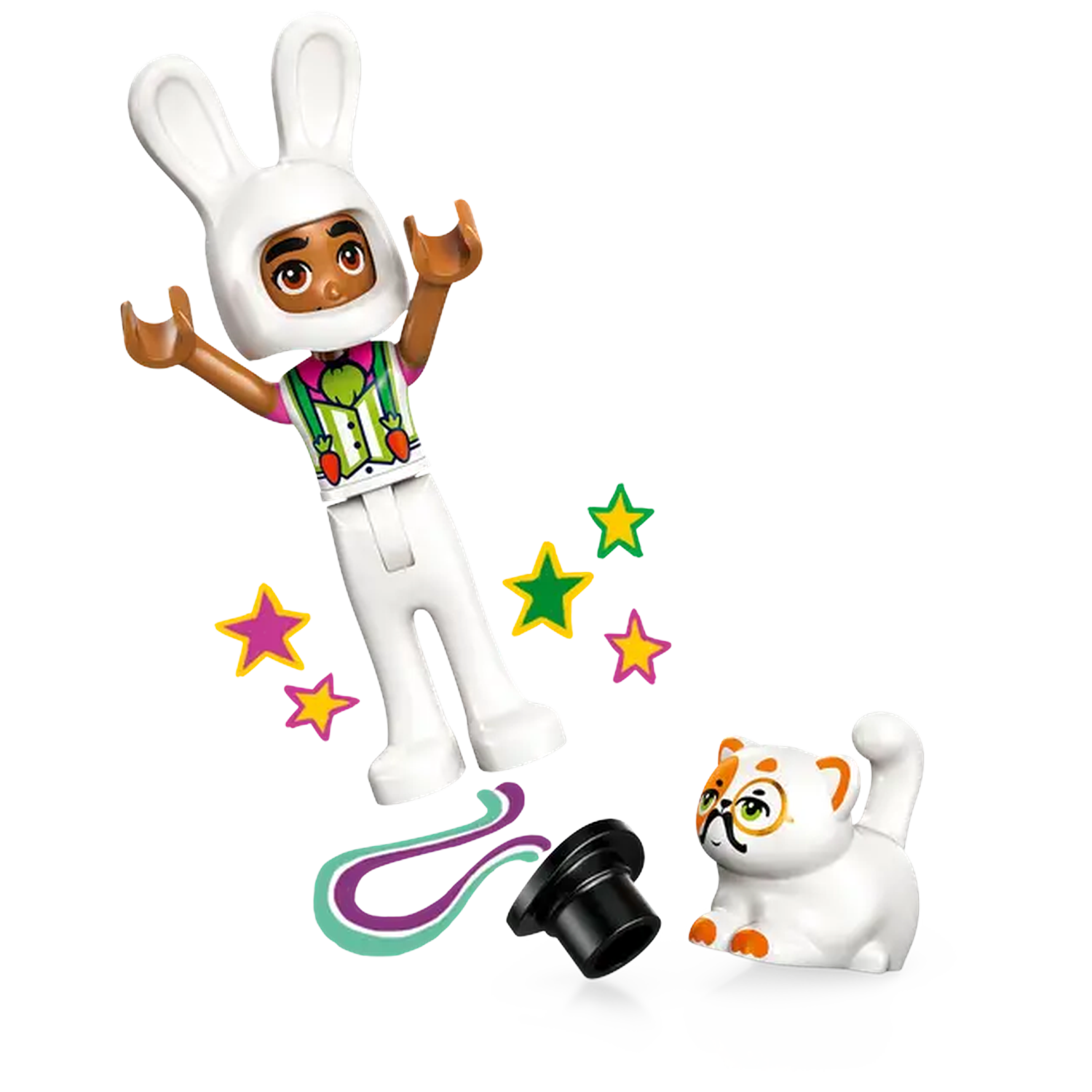 A Lego figure in a bunny costume jumps. A white cat with glasses and a top hat are nearby, with stars in the background.