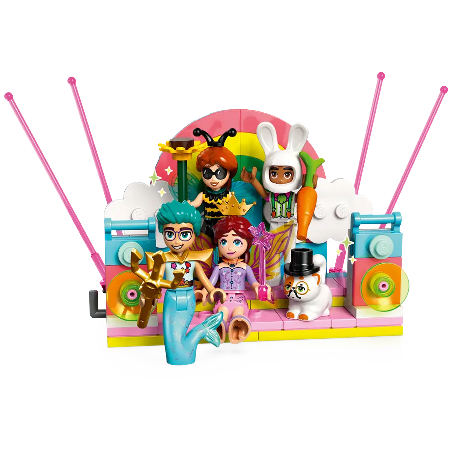 Lego set with figures in costumes. A mermaid, a bee, a rabbit, a princess and a cat wearing a hat. Set on a stage with radio antennas.