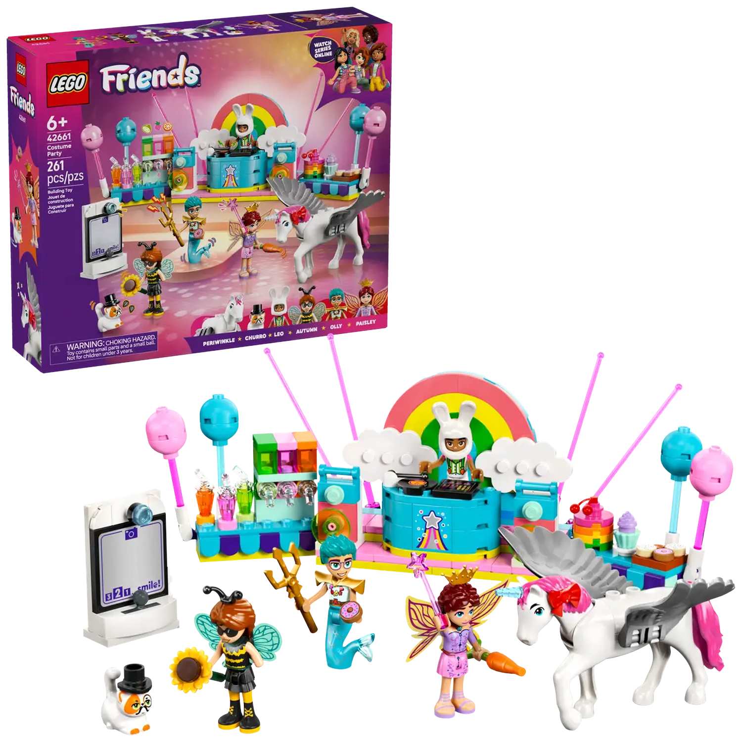 A Lego Friends set with a costume party theme. Includes figures of fairies, a bee, a unicorn, and a DJ with a rainbow backdrop.