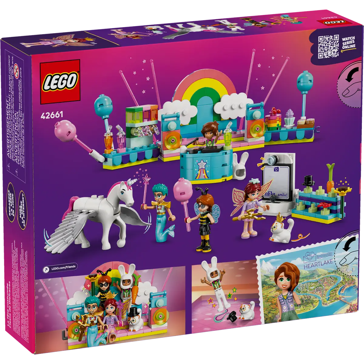 Lego box featuring a stage with figures, a unicorn, and a rainbow.