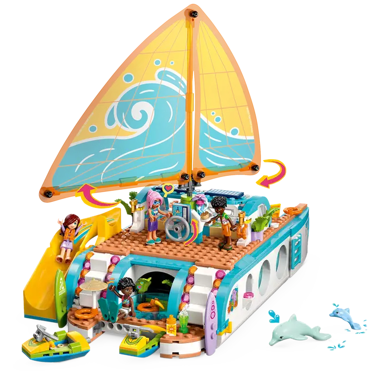 Lego sailboat with figures. Sail is yellow and blue. Includes slides, jet skis, dolphins, and figures on the deck.