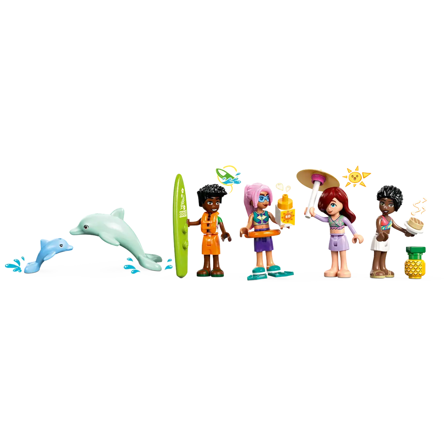 A scene with two dolphins, four figurines, and a surfboard. The figurines are at the beach, holding sunscreen, food, and an umbrella.