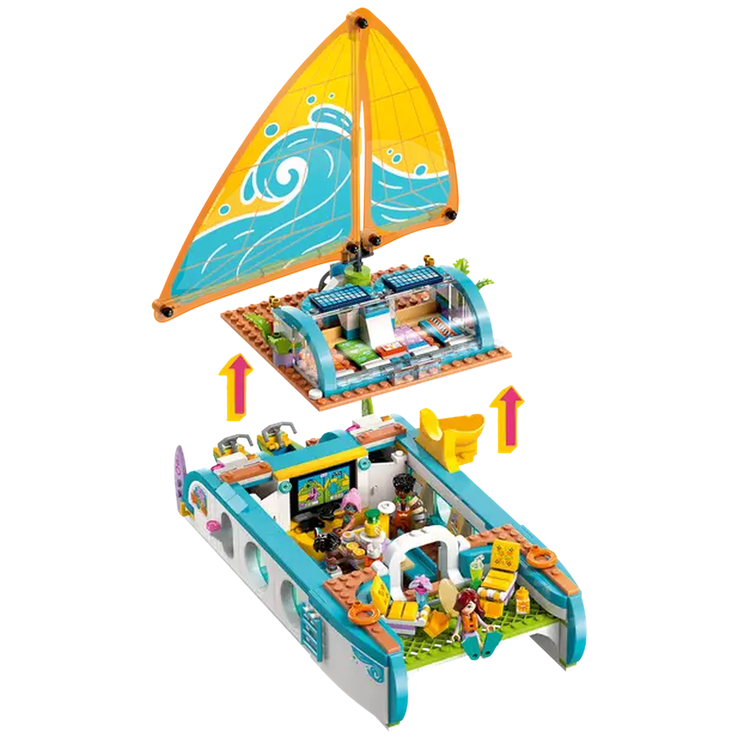 A Lego sailboat toy set. The top shows a sail and cabin. The bottom shows the boat's main deck with figures and accessories.