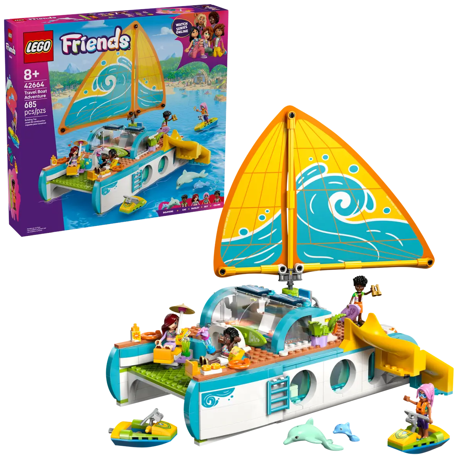 LEGO Friends travel boat set with yellow sail, figures, and accessories. Box shows girls and water scenes.
