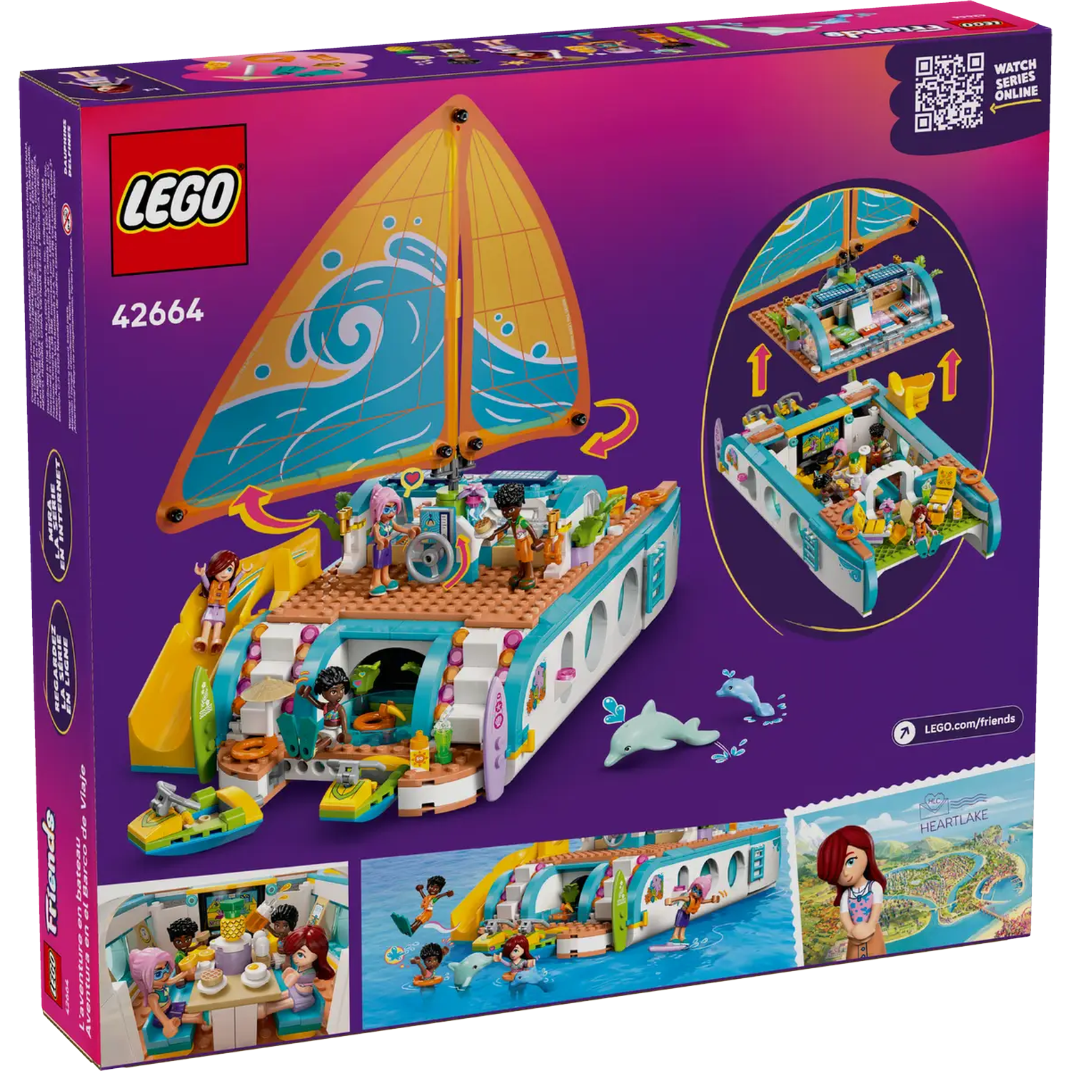 The back of a LEGO Friends box. Shows a catamaran with figures, a slide, dolphins, and a smaller boat. There's a map.