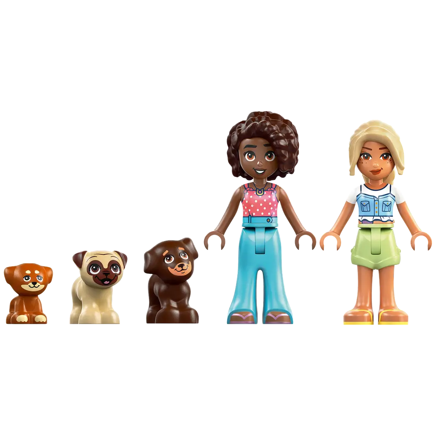 Lego set with two girls and three dog figures. The girls are wearing different outfits. The dogs are different breeds and colors.