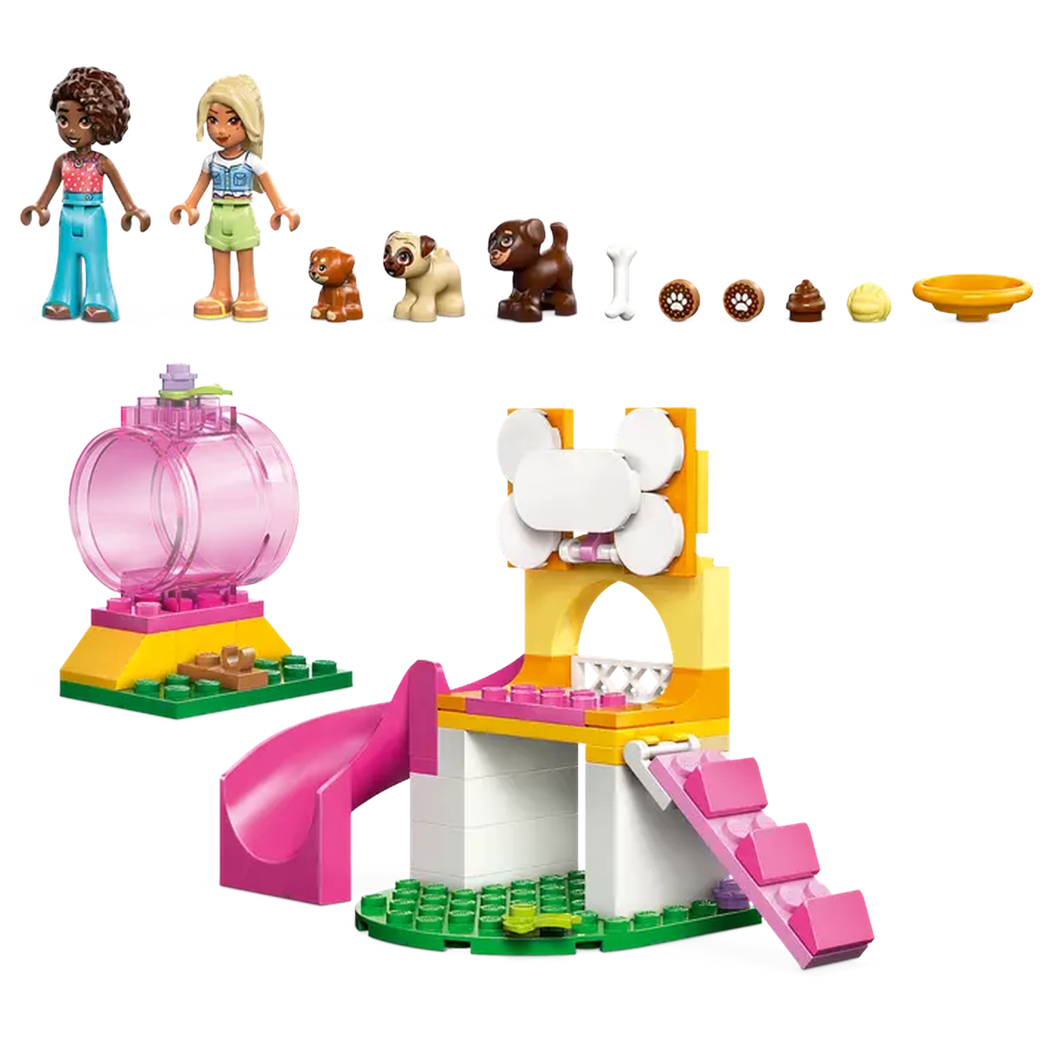 Lego set with two figures, three dogs, accessories, and play structures. Pink, yellow, and green elements are present.