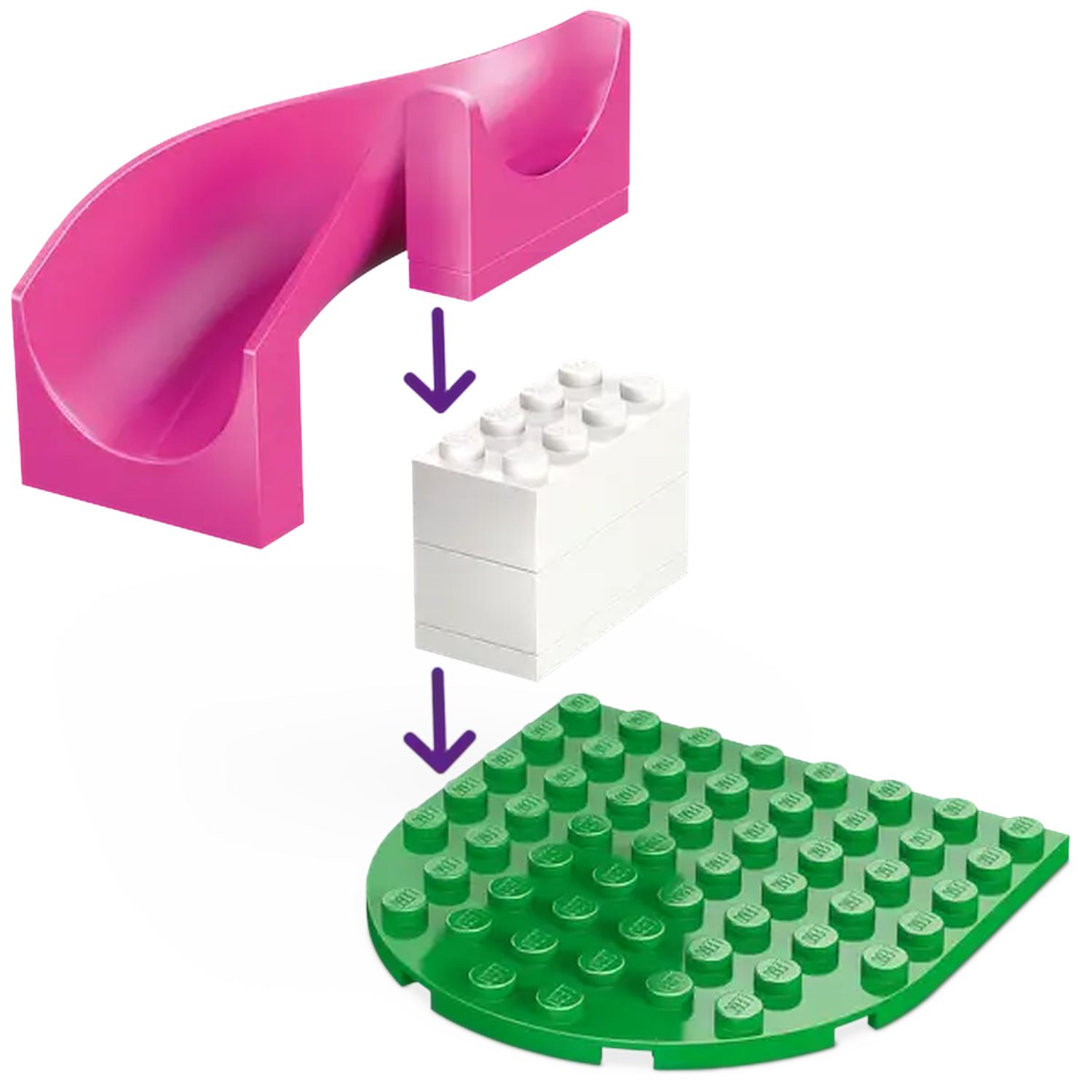 A pink slide is above a white brick structure, with arrows pointing towards a green base plate.
