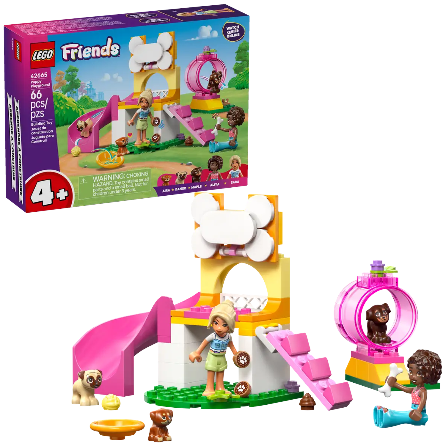 Lego Friends Puppy Playground set. Includes figurines, dogs, slide, tunnel, and dog treats. Box shows the set with a park background.