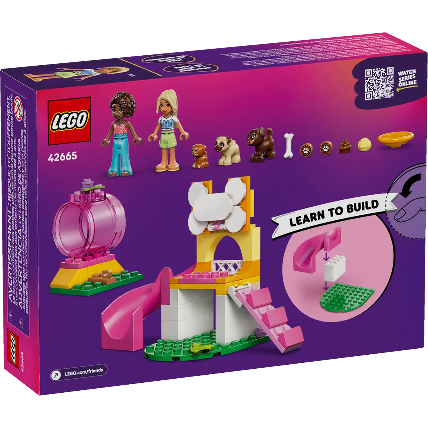 Lego Friends box. It shows Lego figures, animal figures, and a buildable playset with slides and a hamster wheel.