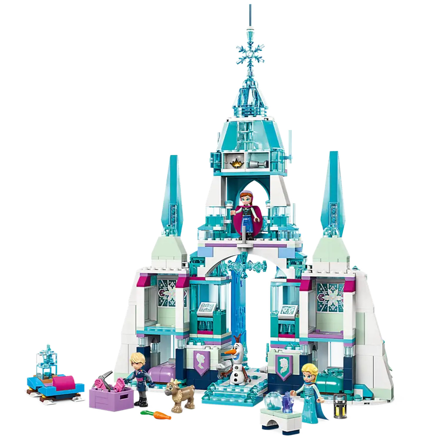 Een Lego-set met een ijskasteel en figuren van Elsa, Anna, Olaf en Kristoff. Inclusief accessoires zoals een slee en een wortel.