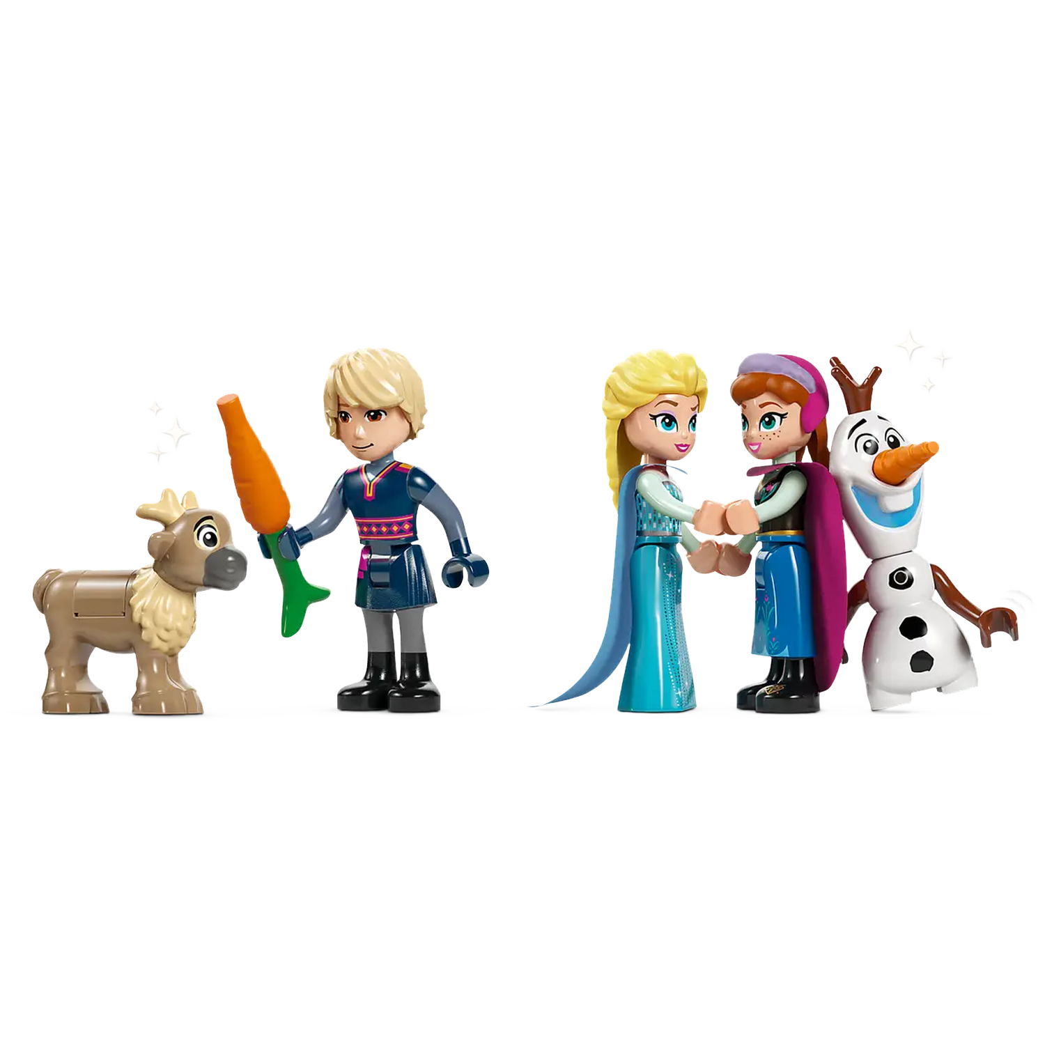 Lego-personages van Frozen. Kristoff houdt een wortel vast, een rendier staat naast hem en Elsa, Anna en Olaf zijn samen.