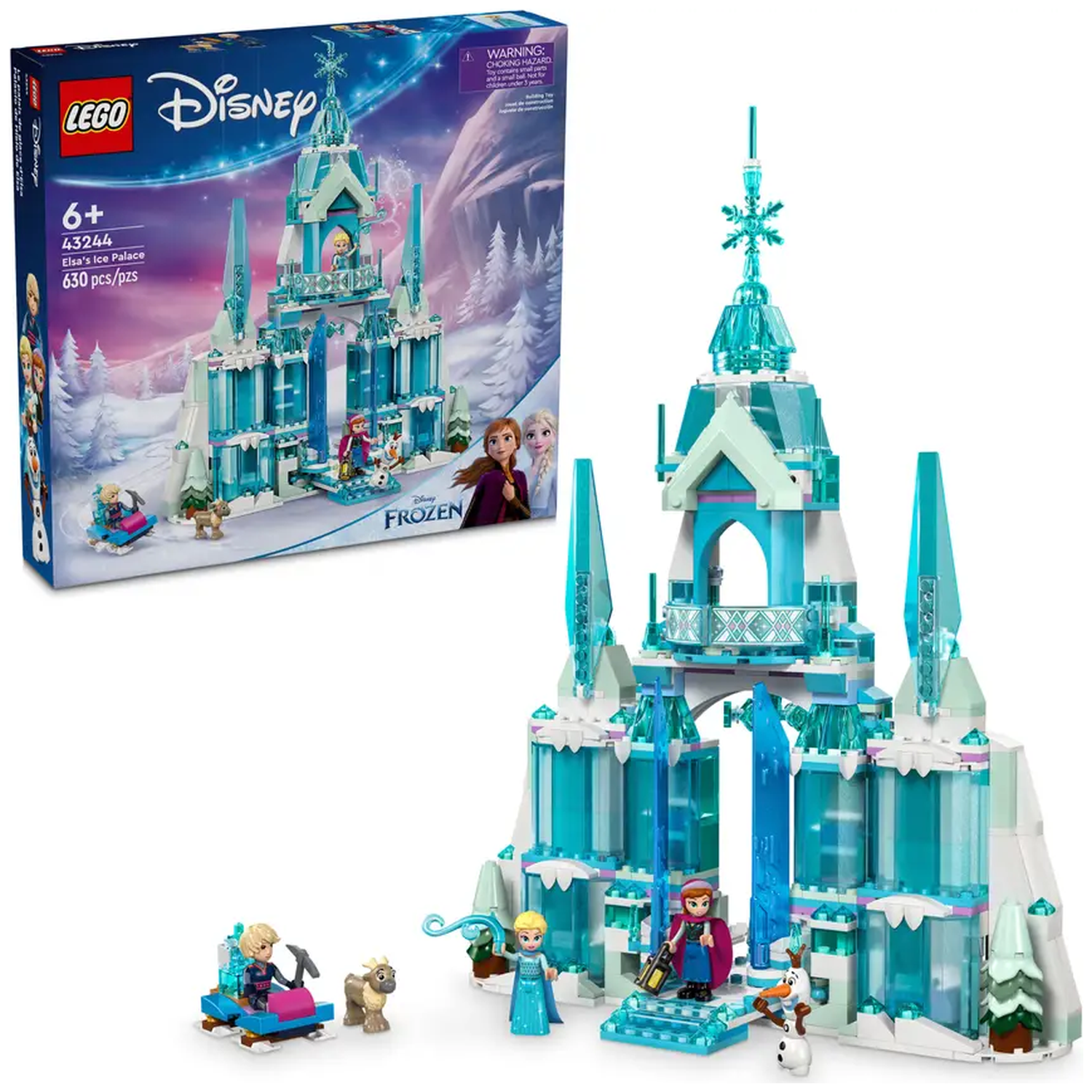 Lego Disney Frozen Elsa's IJspaleis set. Inclusief kasteel, figuren van Elsa, Anna, Olaf en accessoires. Doos van de set wordt ook getoond.