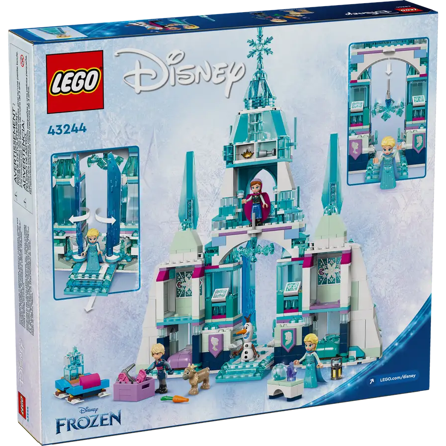 Lego Disney Frozen-setdoos. Bevat Elsa, Anna, Olaf en een kasteelmodel. Doos is blauw, wit en blauwgroen, met Lego- en Disney-logo's.