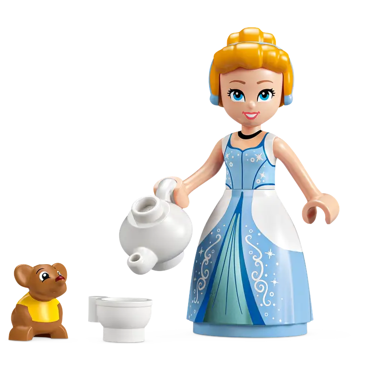 Cinderella figure with a white teapot pouring into a white toilet. A brown bear with a yellow shirt is looking at the toilet.