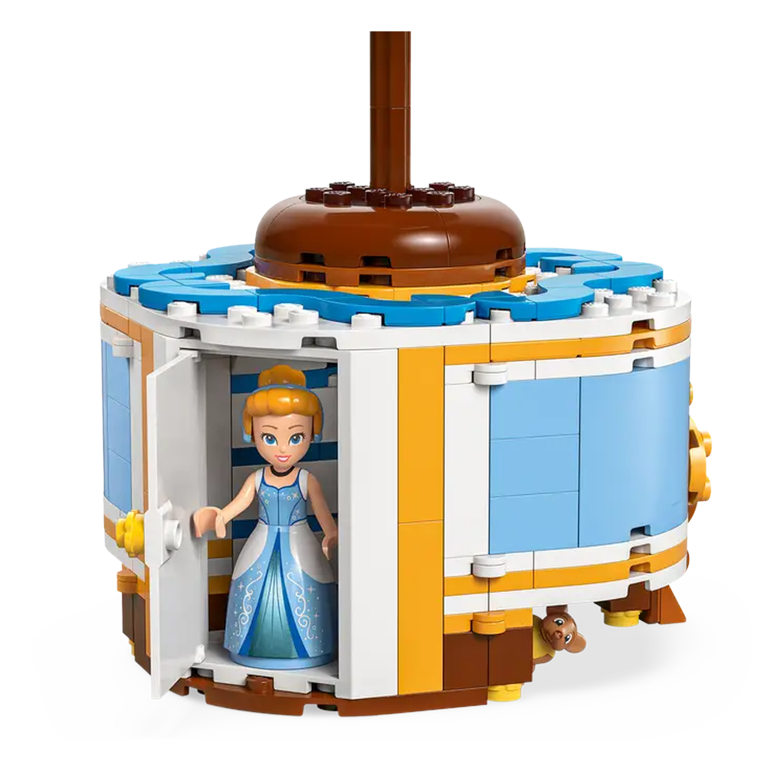 Cinderella Lego set. Cinderella figure stands in the doorway. Brown, white, blue, and yellow building. A mouse peeks from under the building.