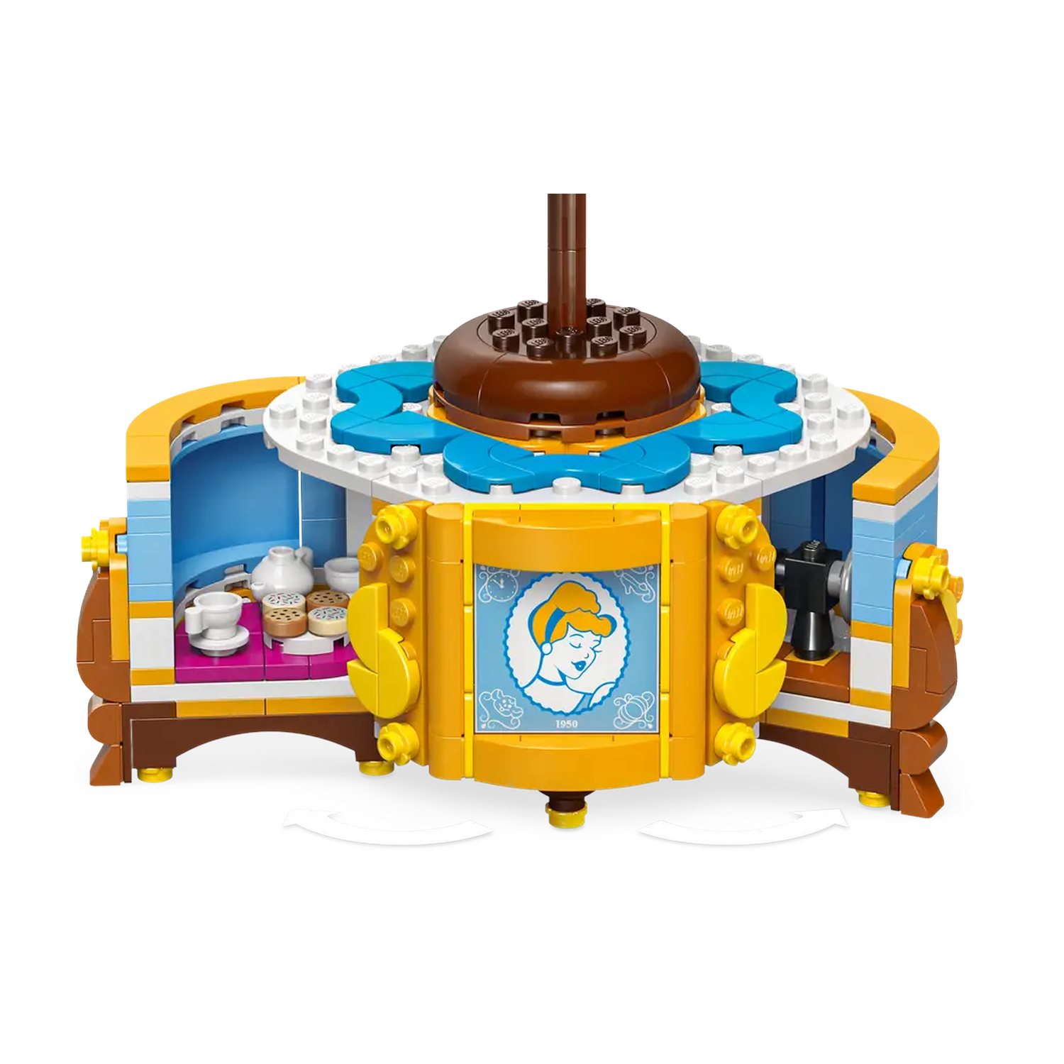 A Lego Cinderella carousel. It has a yellow and brown base, blue and white accents, and a brown top with a central pole.