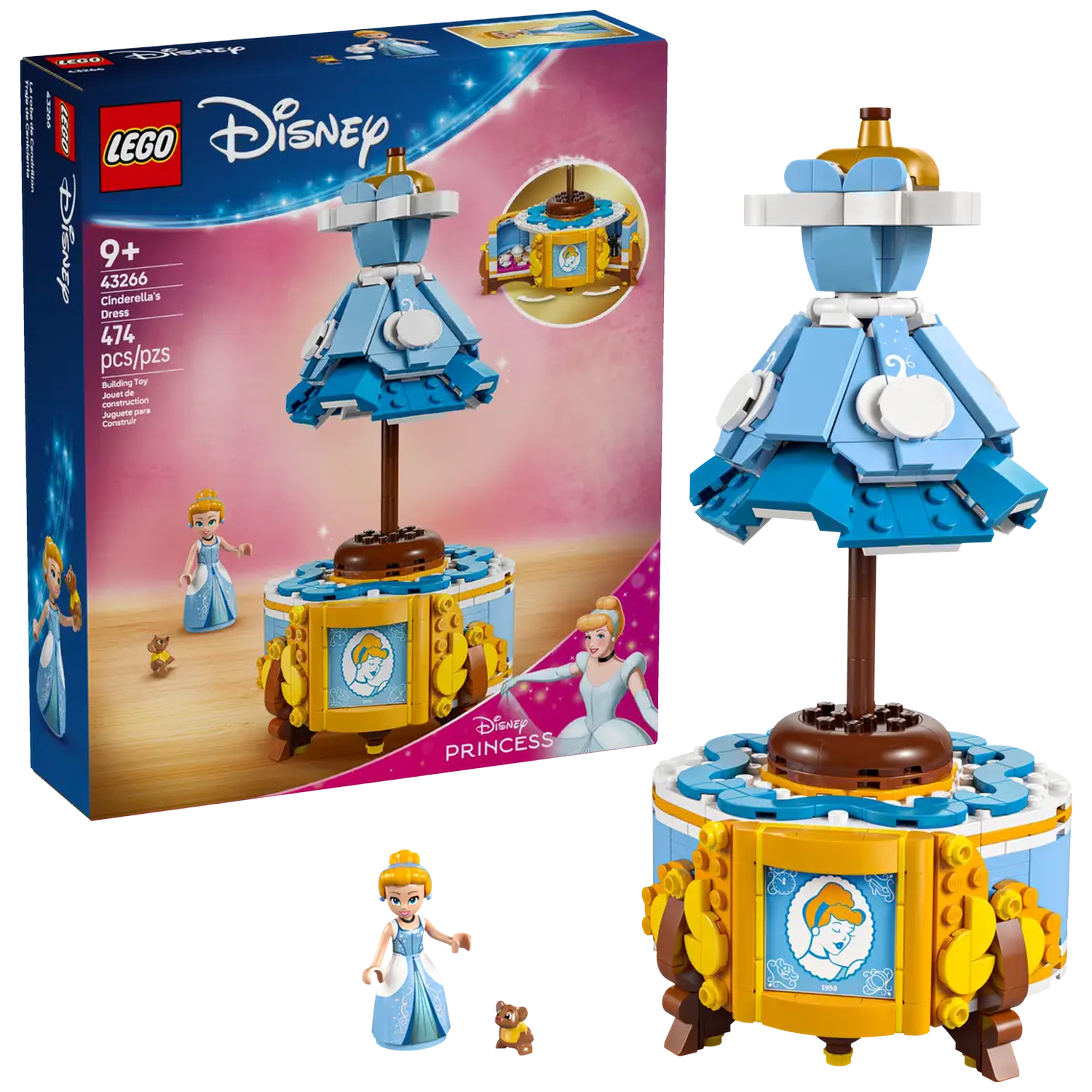 Lego Disney Cinderella's Dress set. Features a blue dress, Cinderella minifigure, a small mouse, and the box art with Cinderella.