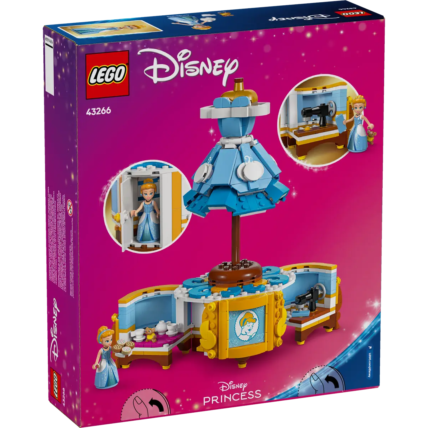 LEGO Disney Cinderella set box. Features Cinderella figures, dress, sewing machine, and details on a pink background.