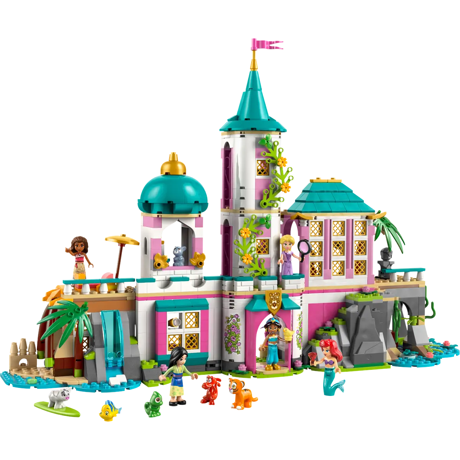 Lego Disney Princess kasteel met figuren. Inclusief een toren, waterval en diverse Disney-personages. Roze, wit en teal kleuren zijn prominent aanwezig.