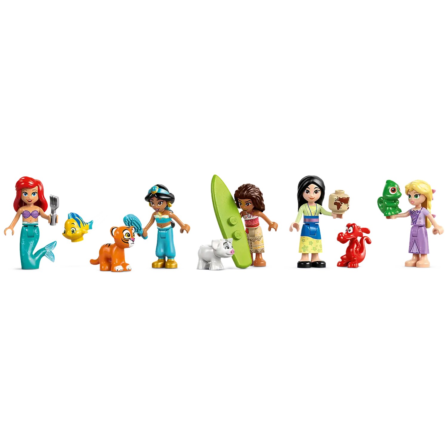 Lego-figuren van Disney-personages: Ariel, Jasmine, Mulan en Rapunzel. Ze houden accessoires vast en er zijn dierenfiguren.