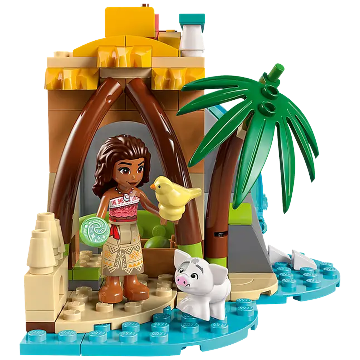 Lego set: Moana figuur met vogel, varken, palmboom en hut. Kleuren zijn bruin, geel, groen en blauw.