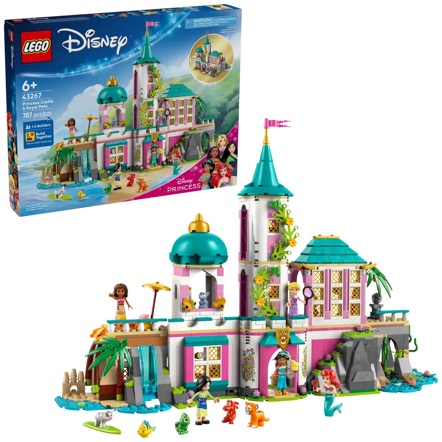 Een Lego Disney Princess kasteelset met figuren en dieren. De doos toont de set, die een kasteel, personages en huisdieren bevat.