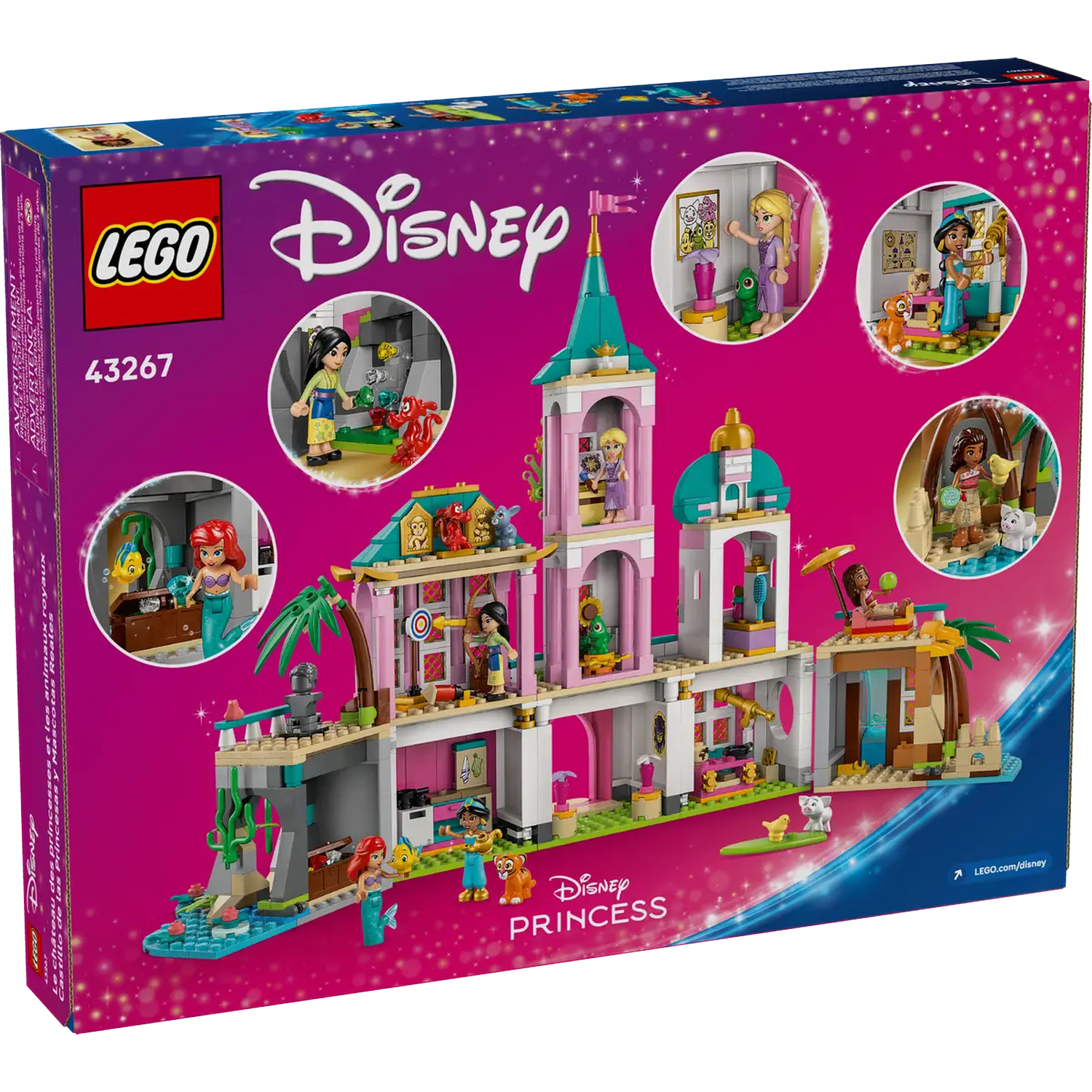 Lego Disney Princess set. Beschikt over een kasteel met meerdere niveaus met verschillende Disney-personages en dieren. Roze, blauwgroen en goud domineren.