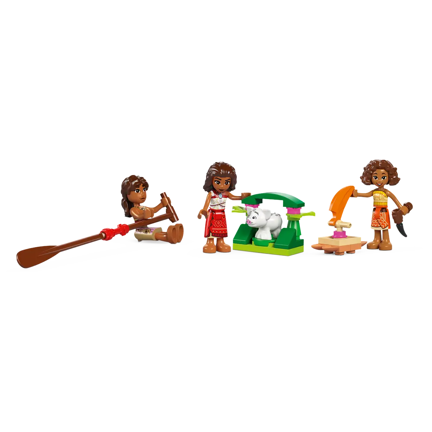 Three Lego figures from Moana set. One with oar, one with pig and structure, and one with tool.