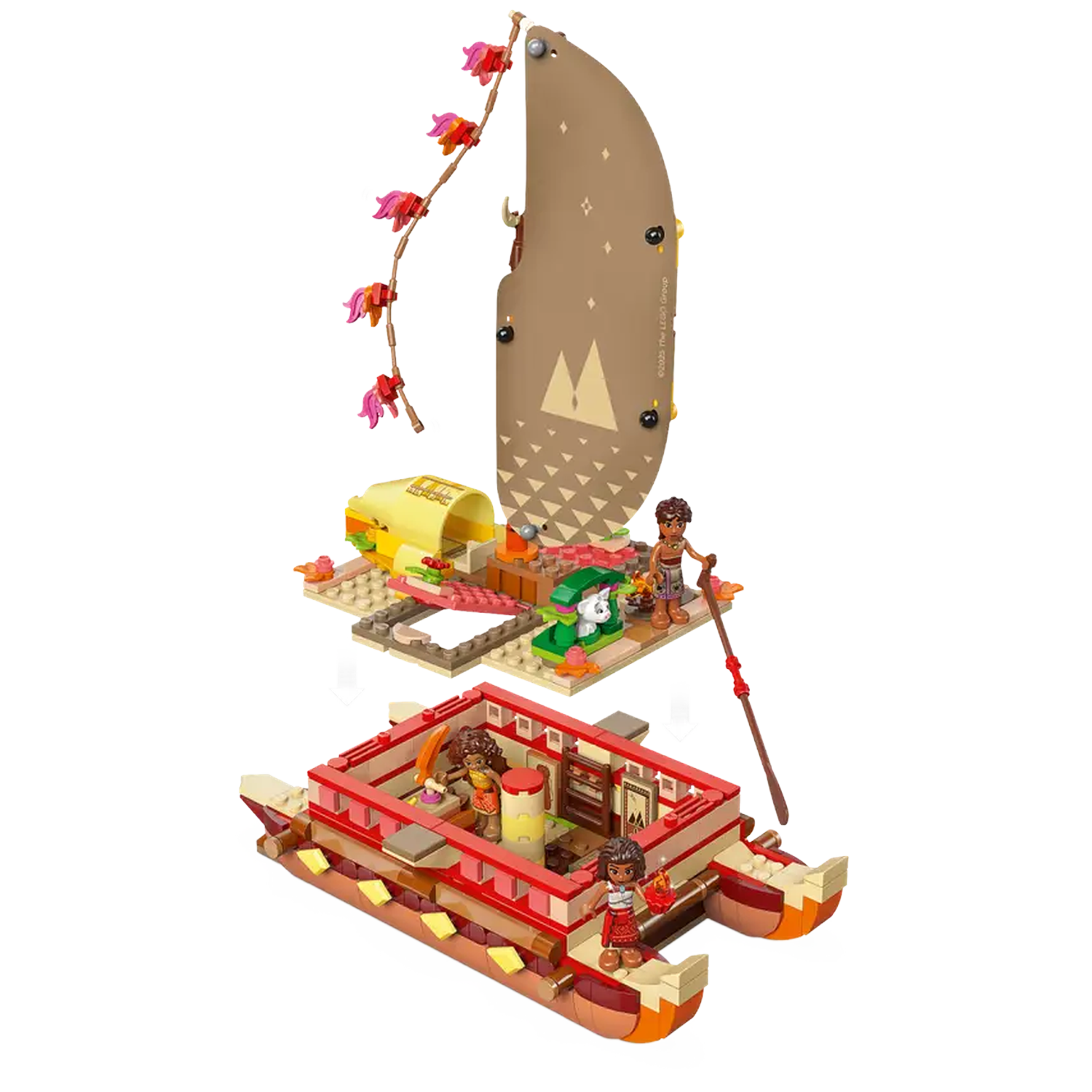 Lego boat with figures. Brown sail, pink flowers. Figures cooking. Red and brown boat with figures inside. White background.