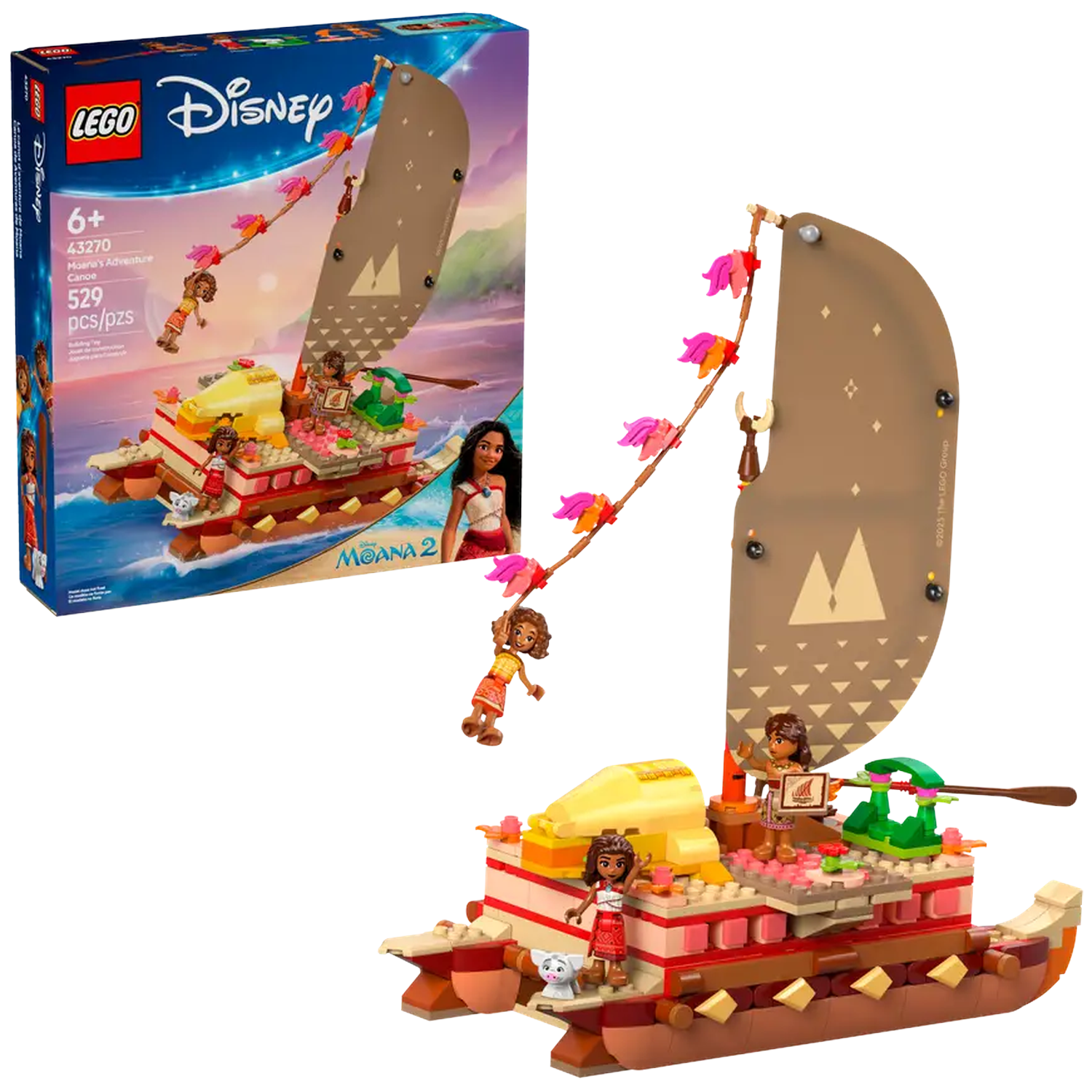 Lego Disney Moana's Adventure Canoe set. It features a boat with Moana and other characters, a sail, and decorative elements.