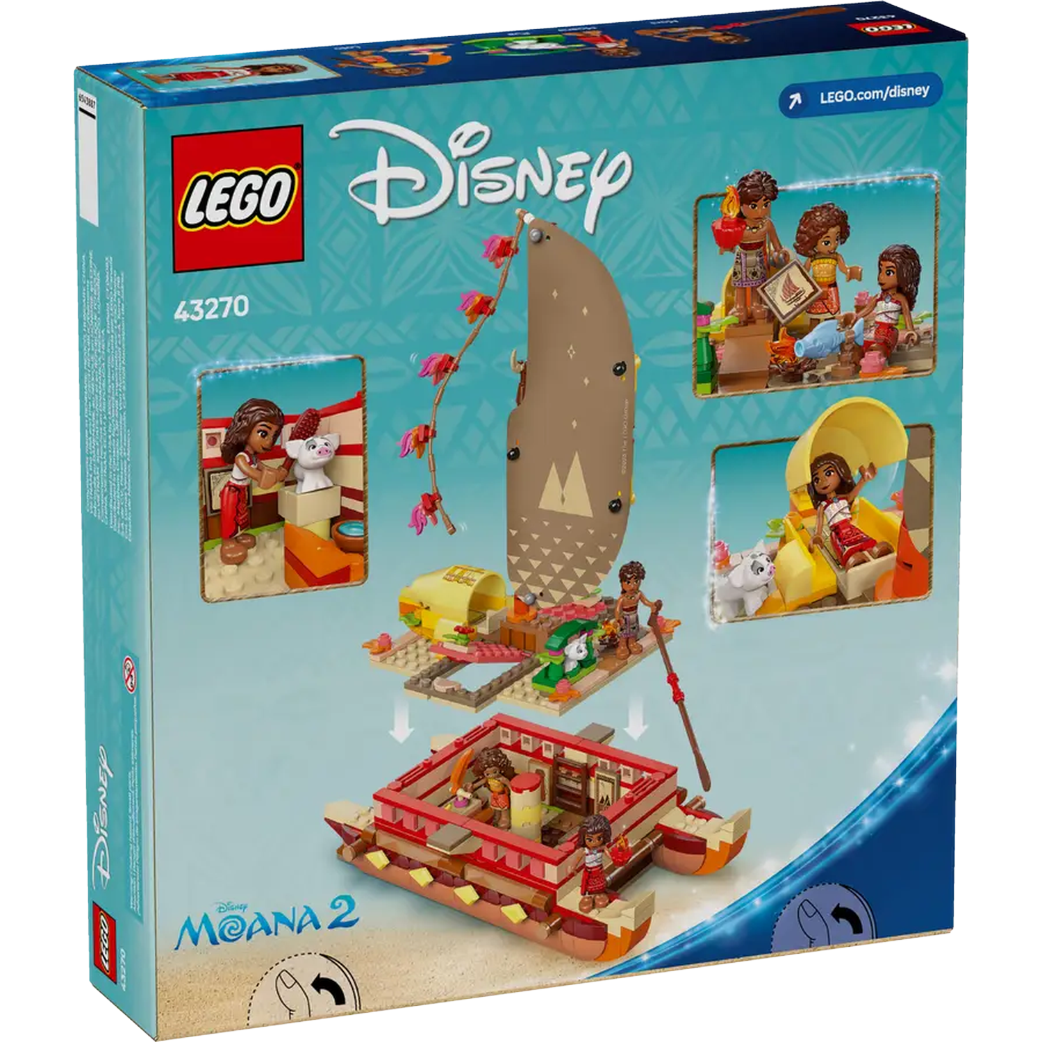 Lego Disney Moana 2 set box. It features Lego figures and boats. The box is turquoise with Lego and Disney logos.