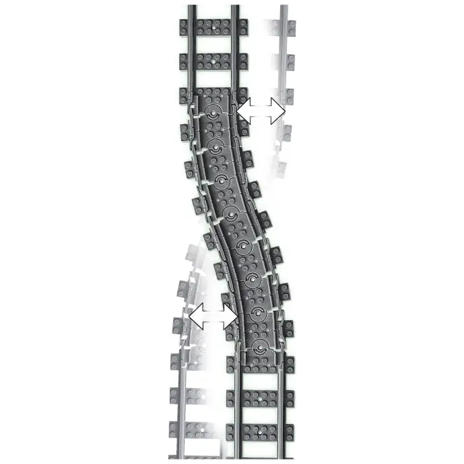 Gray toy train tracks with curved section, white arrows indicate direction. Isolated on white background.