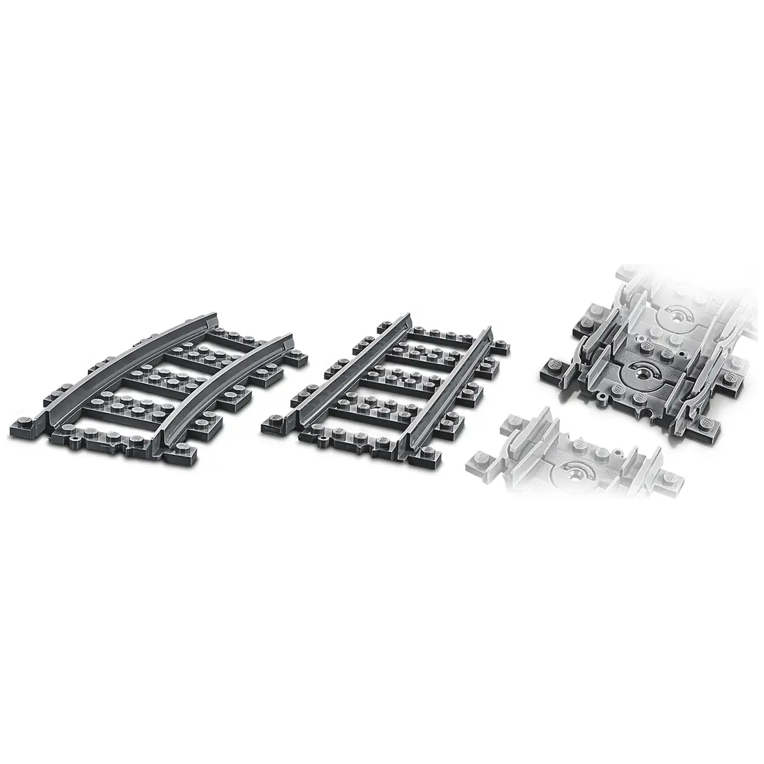 Three grey Lego train tracks on a white background. One is curved, one is straight, and one is a connector.