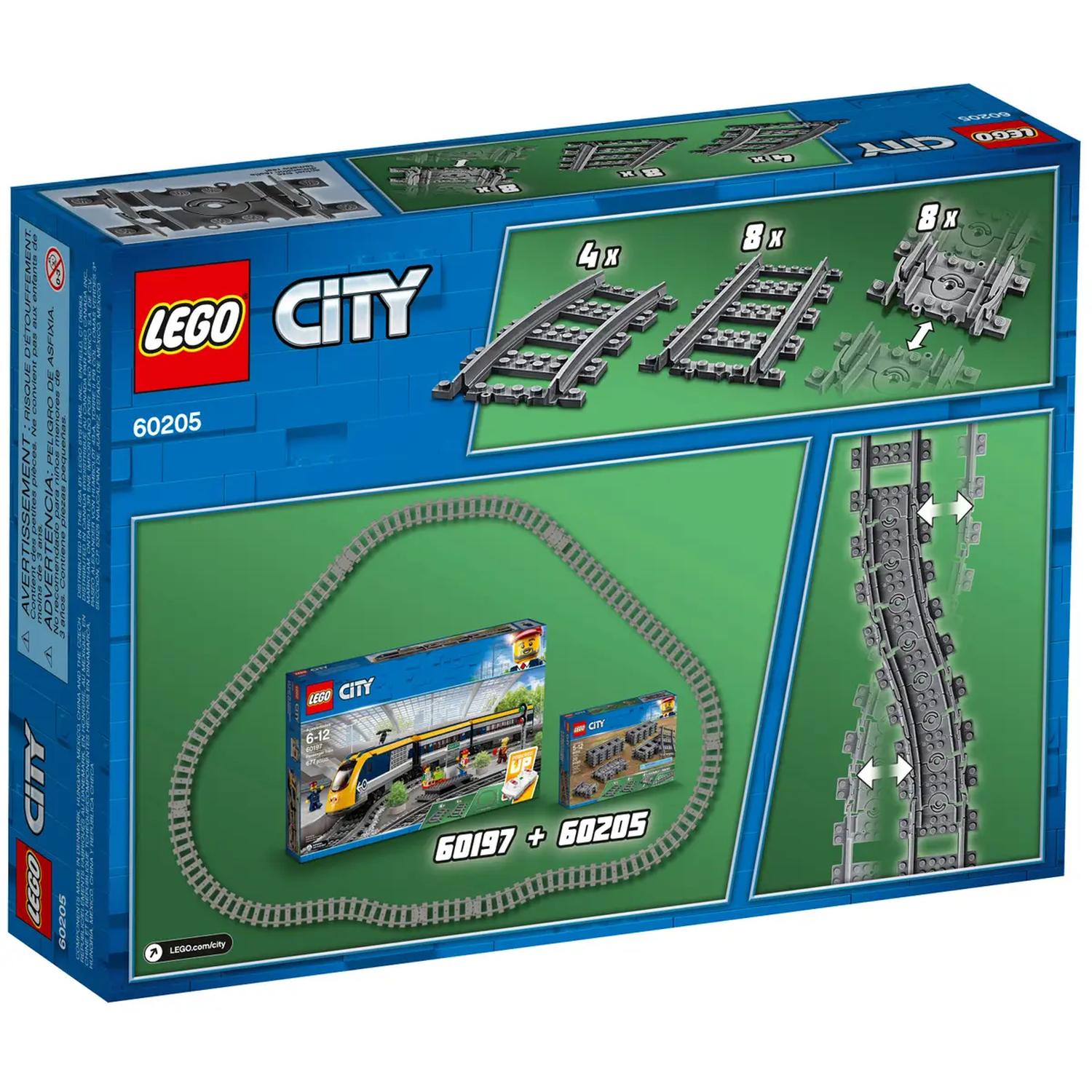 A Lego City box set featuring train tracks, train models, and the Lego City logo against a blue and green background.