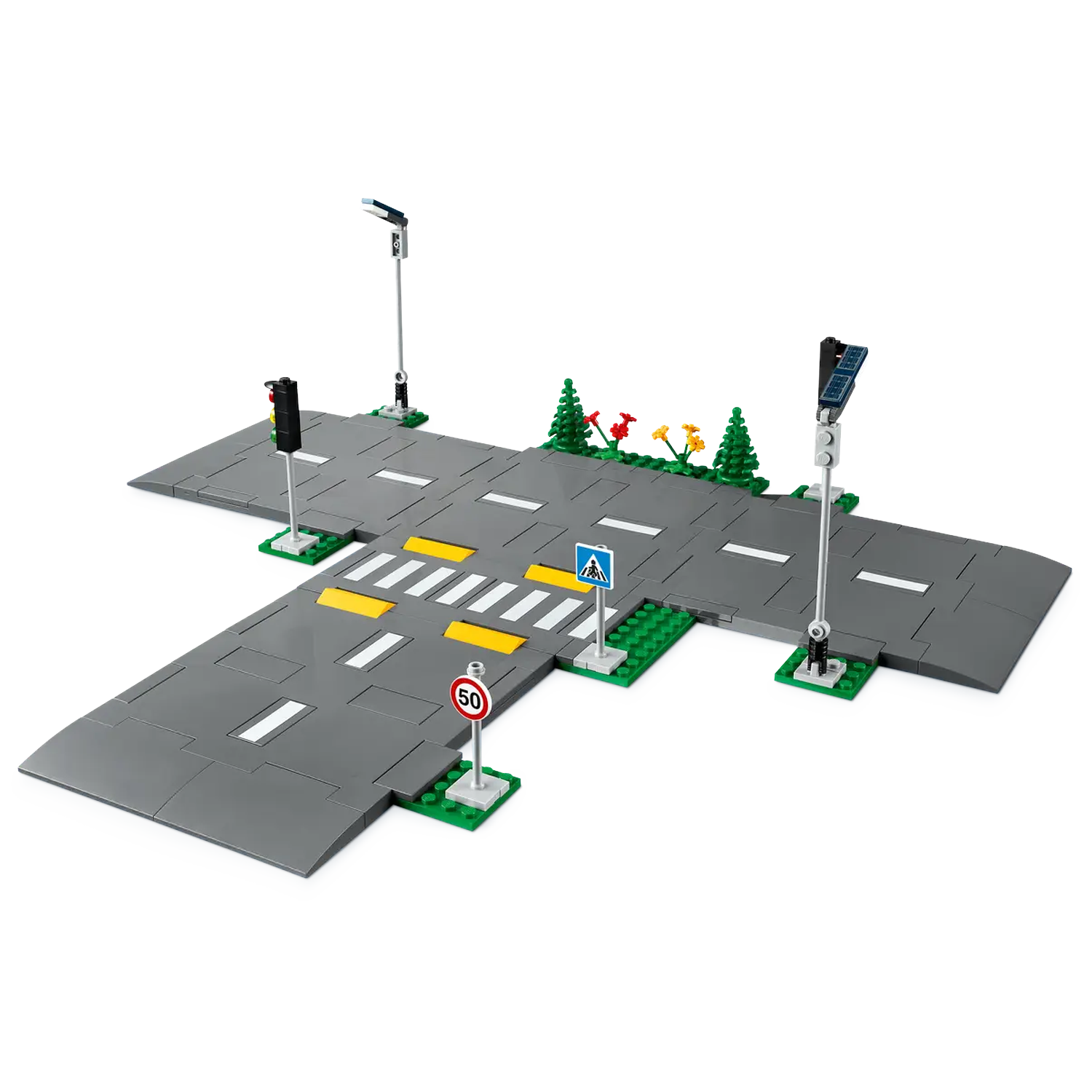 A Lego intersection with crosswalk, traffic lights, street signs, trees, and street lamps. The road is gray with white and yellow markings.