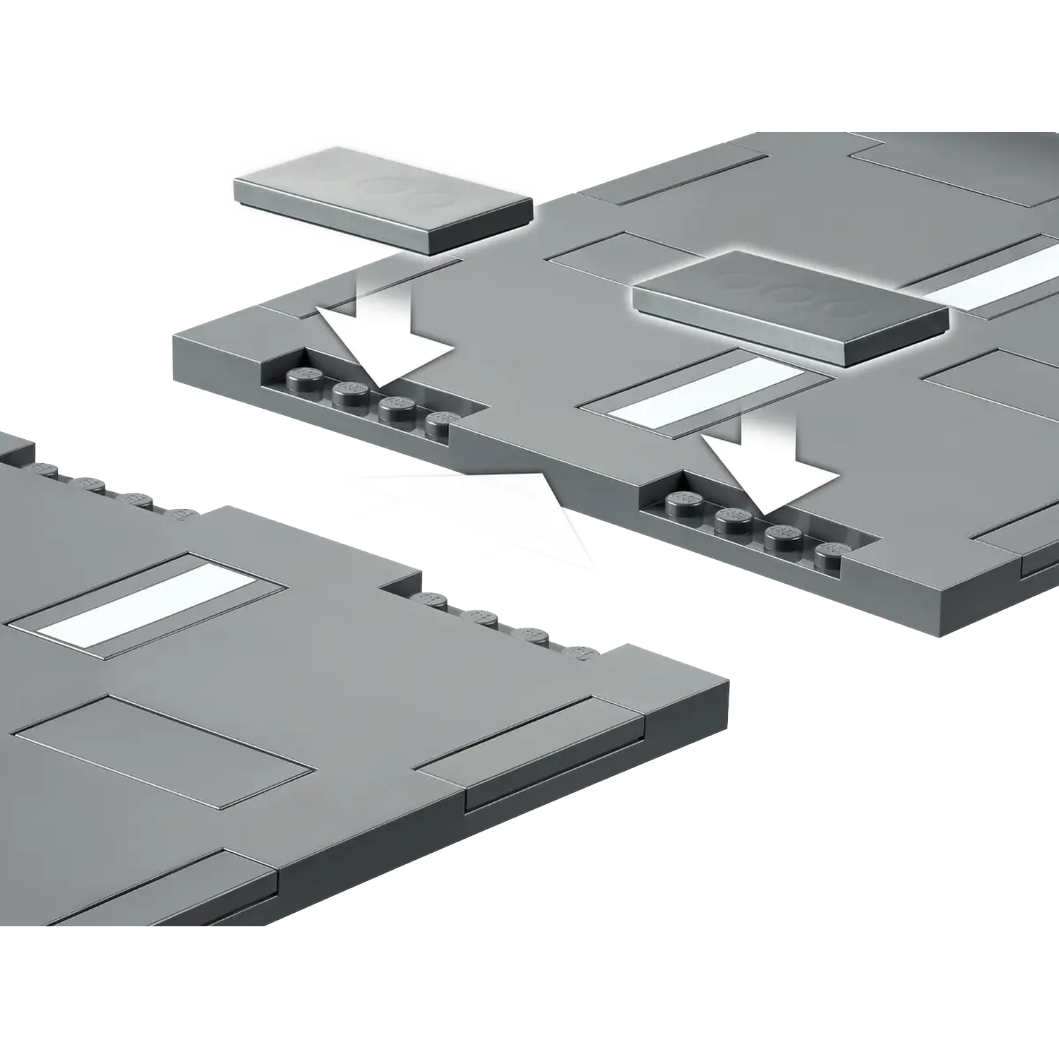 Gray Lego baseplates with arrows indicating how to connect. Several gray Lego bricks are shown above the baseplates.