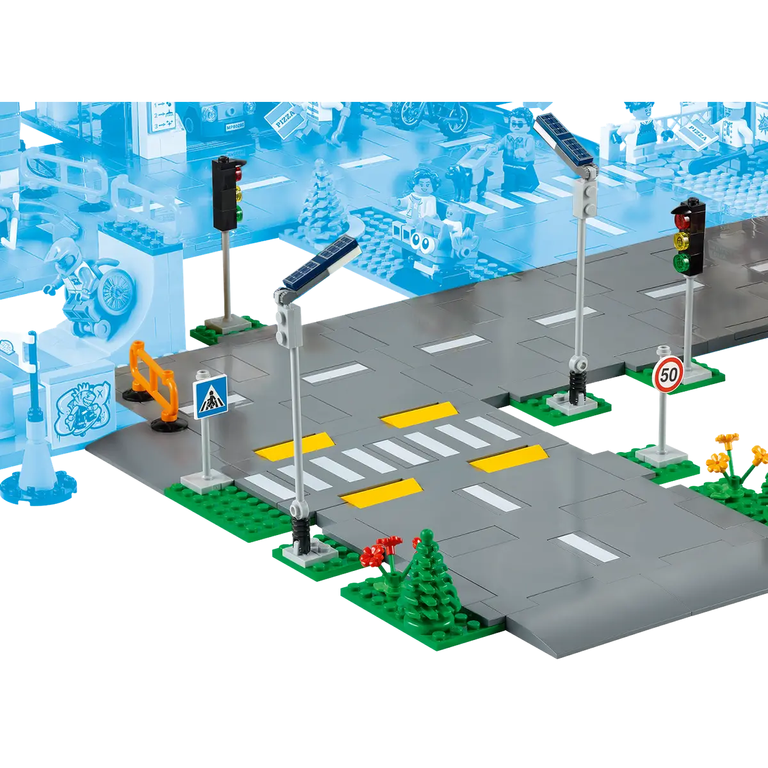 Lego city scene with road, crosswalk, traffic lights, street signs, cars, pedestrians, and solar-powered street lamps.