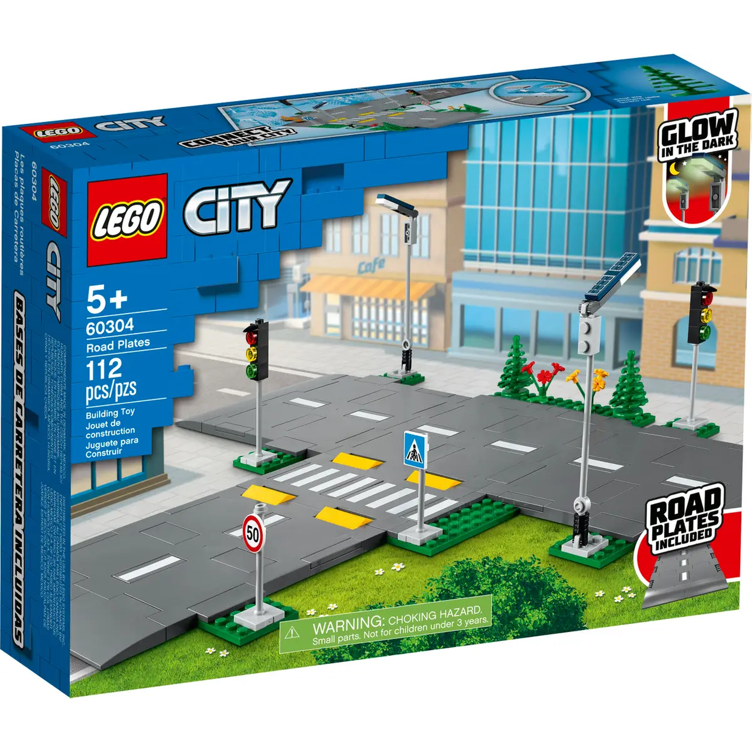 Lego City road plates box. Shows a city scene with road plates, traffic lights, and street signs.
