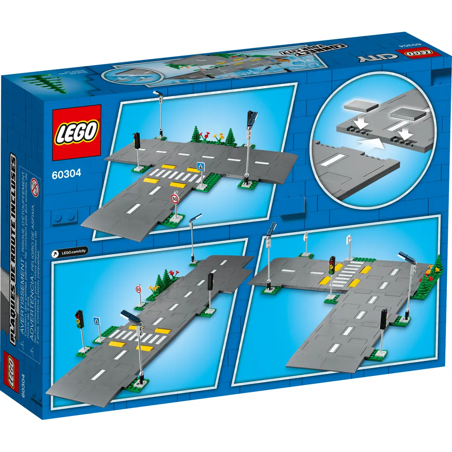 LEGO City road plates set. Box shows assembled road sections with crosswalks, traffic lights, and street signs. Blue background.