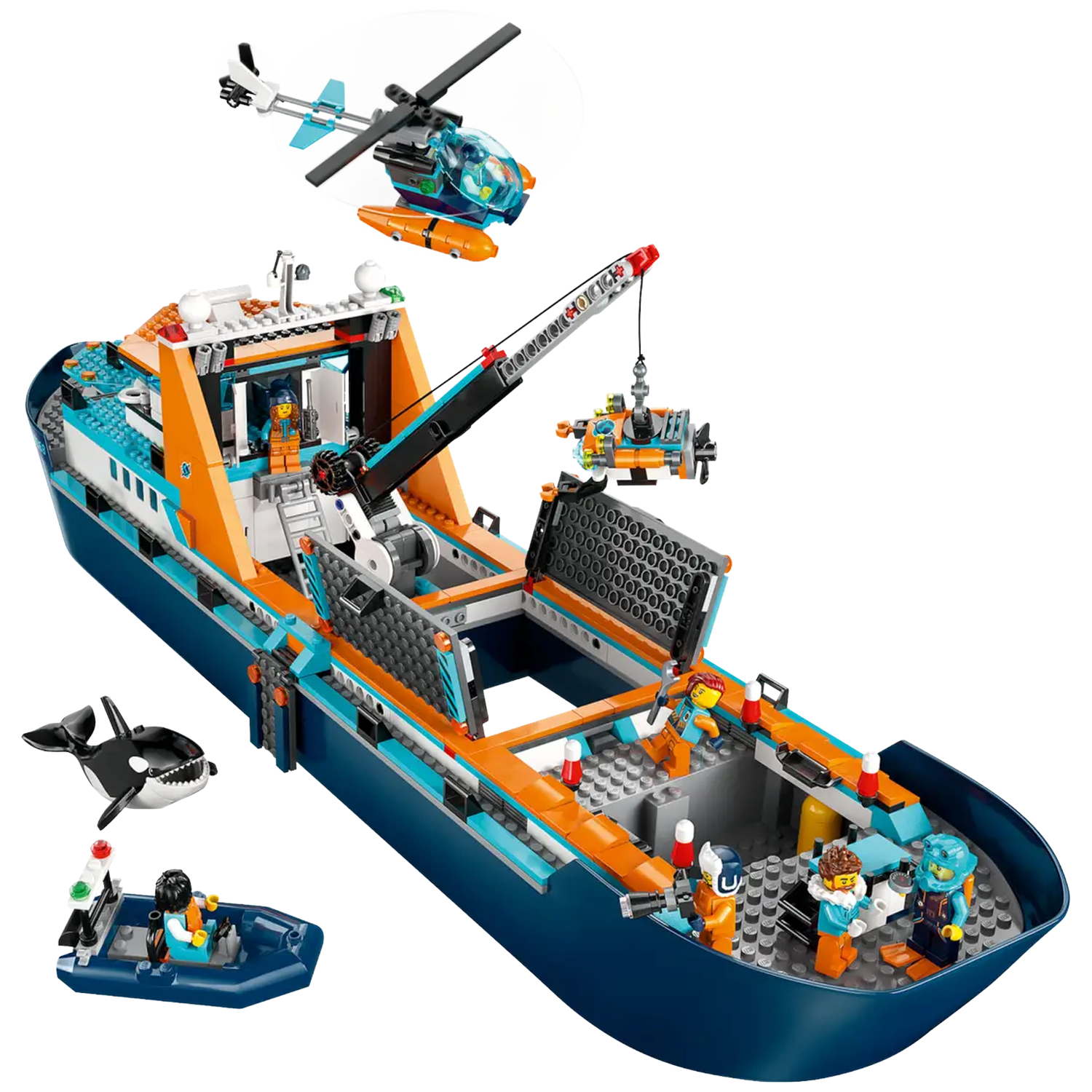 Lego set depicting a research ship with a helicopter, a small boat, a whale, and several minifigures working on the deck.