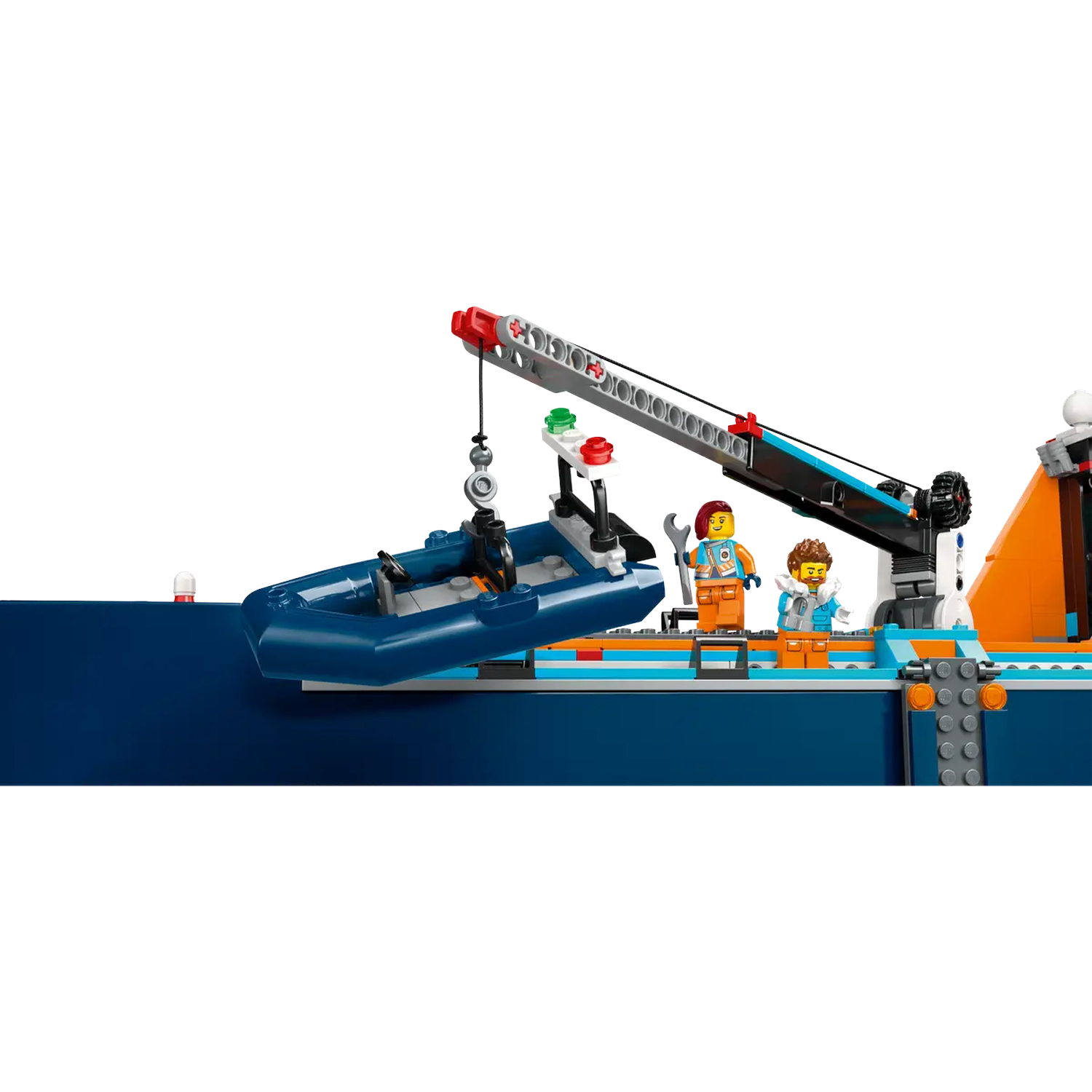 Lego ship with a crane lifting a blue boat. Two Lego figures stand on the ship. The background is white and blue.