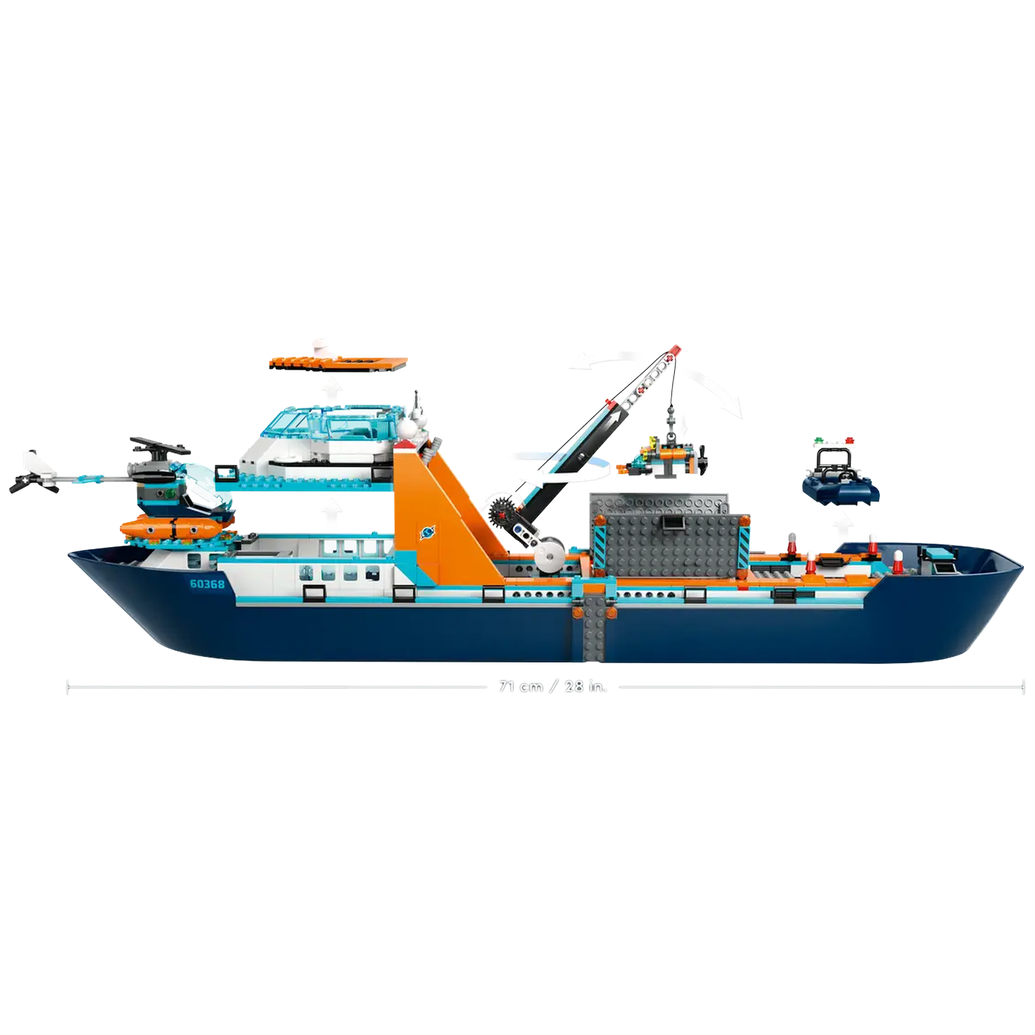A Lego model of a blue and white research ship with orange accents, a crane, and a small boat on a white background.